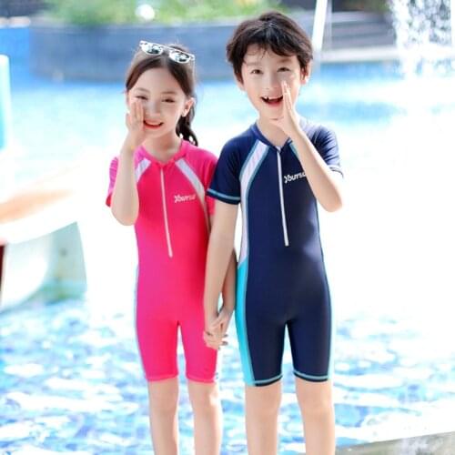 Front Zipper One Piece Kids Swimwear For Girls Short Sleeve Children Swimsuit Boys Baby Bathing Suit Maillot De Bain Fille