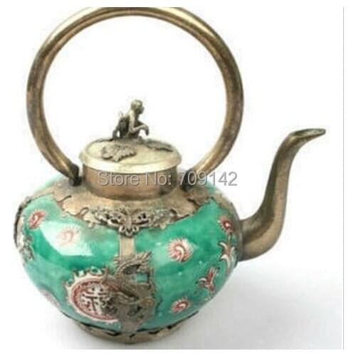 Decoration Decor Oriental Vintage Charming tibet silver green porcelain dragon teapot Statue Tibet Miao Antique Old Silver