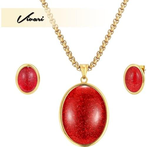 Vivari Vintage Elegant 2 Types Jewelry Set Gold Color Necklace Display Earrings For Women Egg Shape Semi-Precious Stones