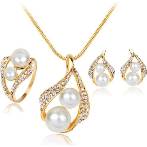Pearl crystal Necklace Earring and Ring .wedding Costume Jewelry Set