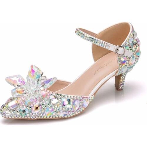 Women sandals wedding Party banquet PU Rhinestones Buckle Strap 5.5CM Thin High Heels Pointed Toe sandal women shoes size 35-42