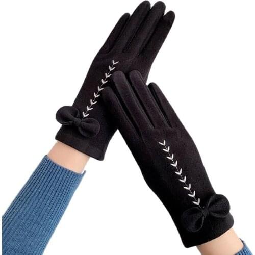 Autumn Winter Women Thin Fleece Thicken Warm Touch Screen Windproof Cycling Drive Bowknot Cute Lovely Elasticity Mittens Gloves