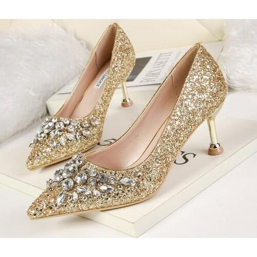 2021 Sexy Nightclub High Heels Rhinestone Women High Heels Sequined Shallow Mouth High Heels Gold and Silver Wedding Shoes Women