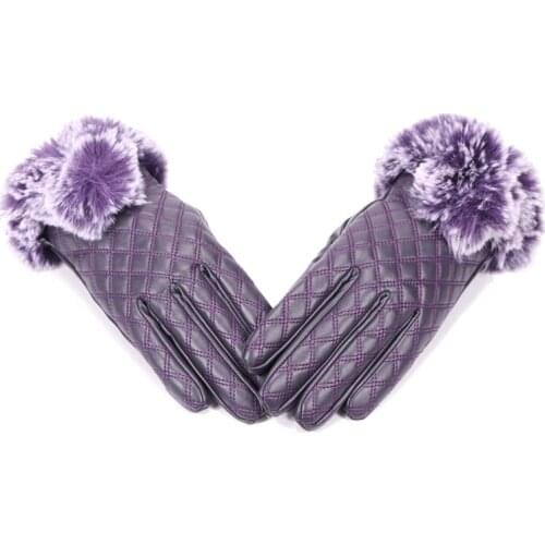 Lady PU Leather Gloves Winter Warm Outdoor Full Finger Goloves Thermal Waterproof Windproof Faux Fur Mitten Women Driving Glove