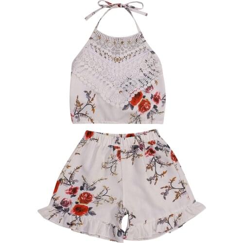 New 1-7Years Girls White Floral Printed Pattern Halter Neck Vest And Shorts Casual Two-Piece Clothes Set Cute Fashion Daily Wear