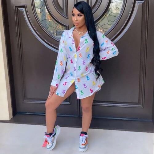 Women Printed Shirt Dress Fashion Casual Long Sleeve Irregular Mini Shirt Dress Women