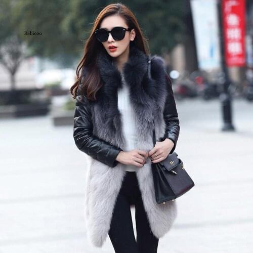 Lady Fluffy Fox Fur Coat Long Style Real Fox Fur Jacket Autumn Winter Real Sheepskin Leather Sleeves Natural Fox Fur Overcoat