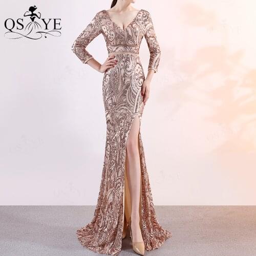 QSYYE Golden Evening Dress Sparkle Sequined Pattern Mermaid Prom Gown Long Sleeves Glitter Gold Party Formal Dress Sequin