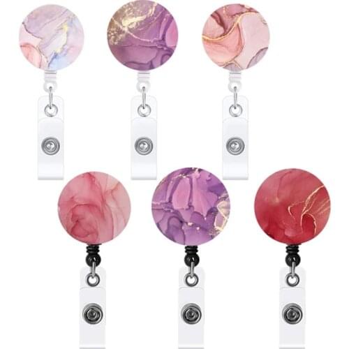 1Pc Colorful Flower Design ID Badge Holder Clip Retractable Name Tag Card Holder Key Ring Office Supplies