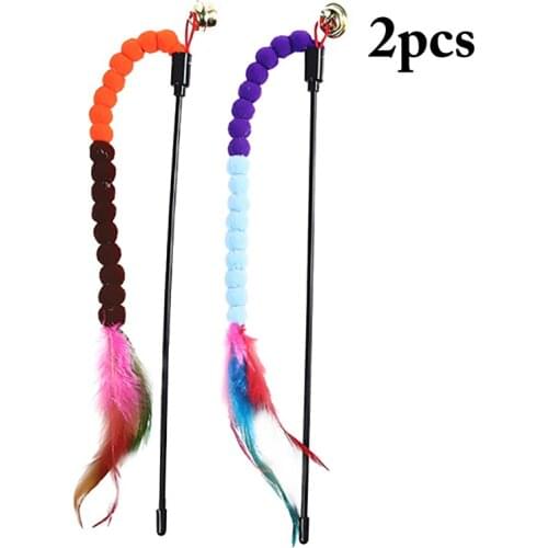 2pcs Teaser Feather Toys Kitten Funny Colorful Rod Cat Wand Toys Plastic Pet Cat Toys Interactive Stick Pet Cat Supplies