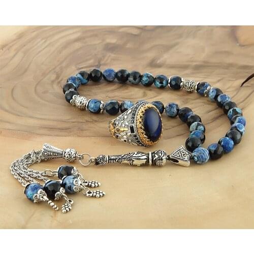 925 sterling Silver For Men Blue Agate Men 'S Rosary Ring Set