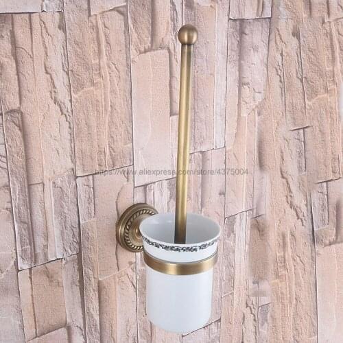 Antique Brass Wall Mounted Toilet Brush Holder Bathroom Accessories Set Bath Products Ceramic Cup with Cleaning Brusher Nba268