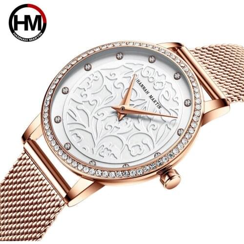 Hannah Martin Ladies Watch Women Rose Gold Rhinestone Stainless Steel Mesh Band Luxury Brand Quartz Wristwatch Female Clock 2020