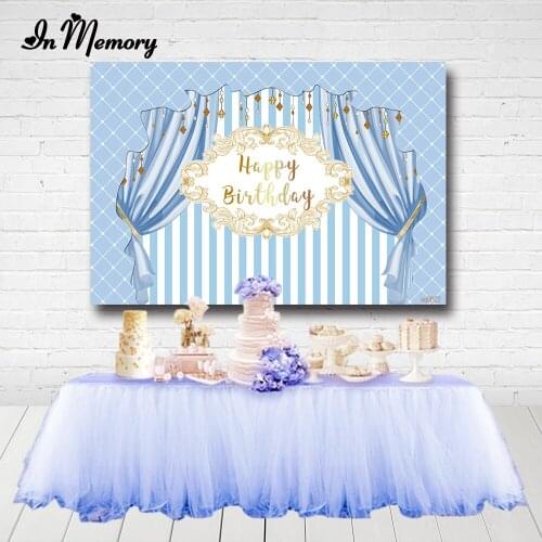 InMemory Baby Shower Newborn Party Backdrops Blue Curtain Stripes Gold Frame Boys 1st Birthday Party Photography Backgrounds