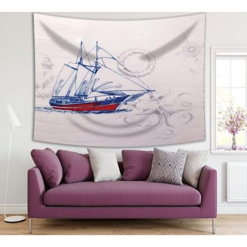 Tapestry in Sailboat Sea Octopus Compass Ring Buoy Lighthouse Marine Ocean Adventure Theme Art Blue Red gray
