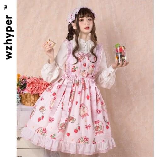 Strawberry Rabbit Printed Gothic Lolita Dress Soft Sisiter Lace PInk Dress Women Princess Dress Girls Halloween Costume for GIrl