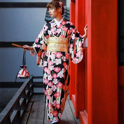 Womens Japan Style Traditional Kimono Classic Flower Prints Japanese Yukata Bathrobe Cosplay Wear Photography Dress