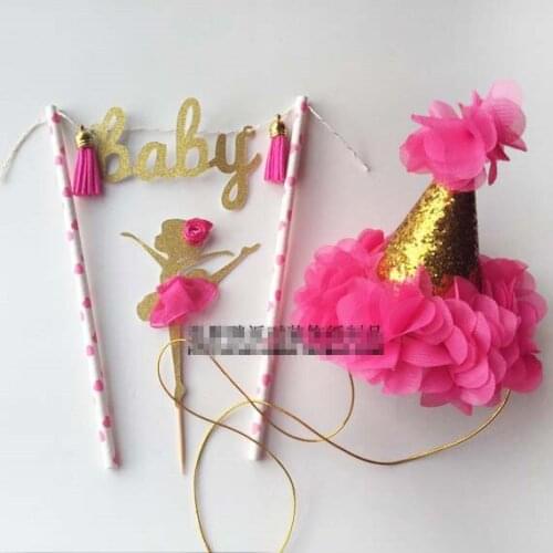 3pcs pink Ballet girl baby Children hat cake topper banner kids birthday party birthday Lovely glitte baby Birthday Party