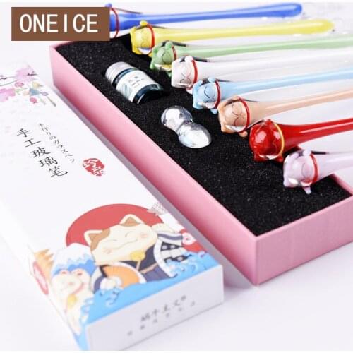 Creative Dip Pen Set Vibrating Hand-made Glass Starry Holder Gift Box Crystal Ink Luminous Lucky Cat