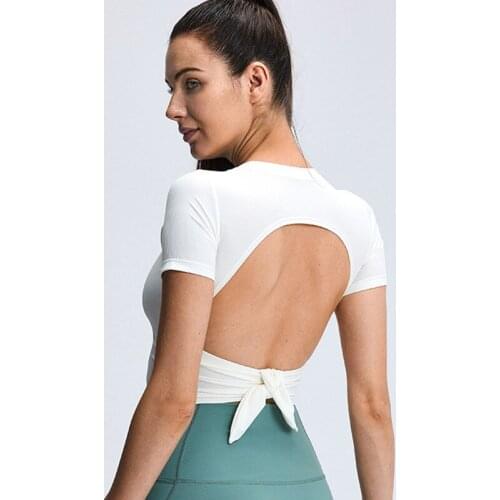 Summer Short Sleeve Yoga Shirts Gym O Collar T-Shirt Sports Female Back Sexy Hollow Out Bandage Quick Dry Running Top With Pad