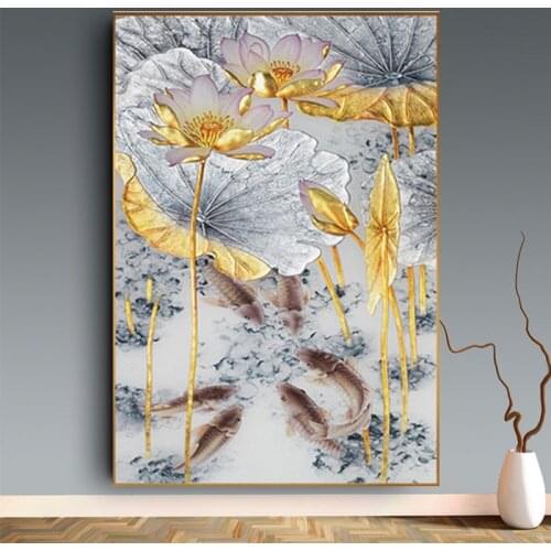 New Chinese Style Abstract Gold Lotus Fishes Canvas Painting Wall Posters and Prints Wall Art Picture for Living Room No Frame