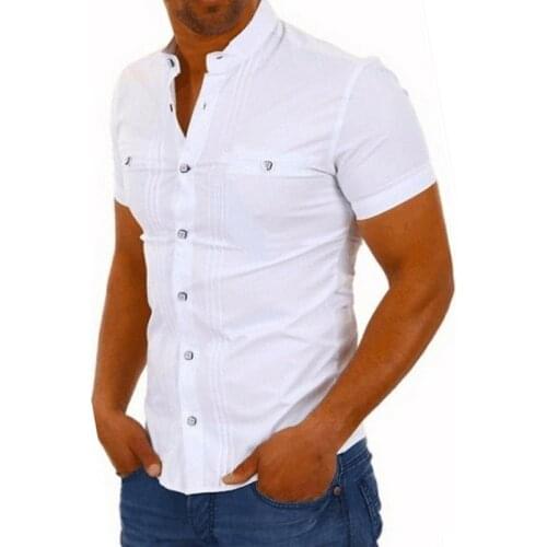 Clothes For Men 2019 Black White Mens Summer Casual Short Sleeve Button Down Shirts Men V Neck Formal Slim Fit Solid Shirt Tops