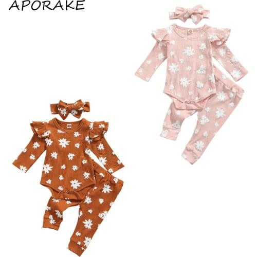 2021 0-18M Fall Infant Girl Clothes Set Floral Print Ruffle Long Sleeve Romper+Pants+Headband Sweet Knitted 3pcs Outfits