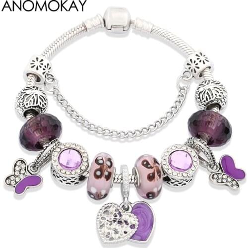 Spring Autumn Series Purple Enamel Heart Butterfly Charm Pendant Bracelet Purple Crystal Bead Bracelet Casual Jewelry for Gift