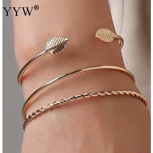 YYW 3pcs/Set Opening Leaf Twist Cuff Bracelets Set Rose Gold Color Adjustable Bracelet Bangle For Women Boho Jewelry Party Gifts