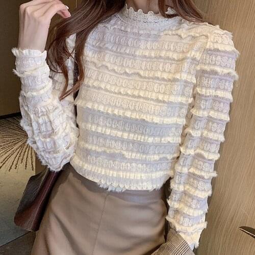 New Winter Stand Collar Lace Long Sleeve Blouse Women Apricot Elegant Ruffled Base Shirt Korean Fashion Autumn Femme Tops