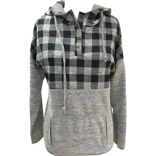 Women Hooded Patchwork Printing Tops, Casual Long Sleeve Open Button Collar Pullover Hoodies with Big Front Pocket