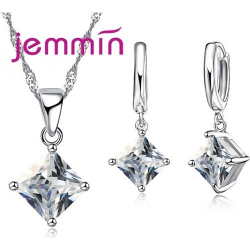 Big Promotion 8 Colour Square AAA Crystal 925 Sterling Silver Pendants Earring Necklace Set Women Girls Party Jewelry