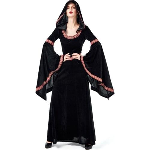 Two-color European and American Size Big Trumpet Sleeve Witch Robe Halloween Party Costume Adult Female