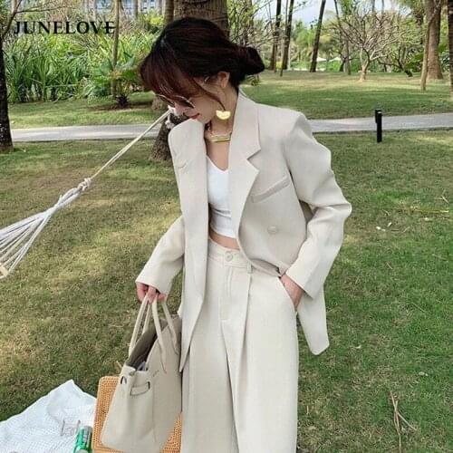 JuneLove Women Autumn Office White Pink Suit Two-Piece Pantsuit Elegant Blazer Female Set Casual Loose Pants Jacket Work Clothes
