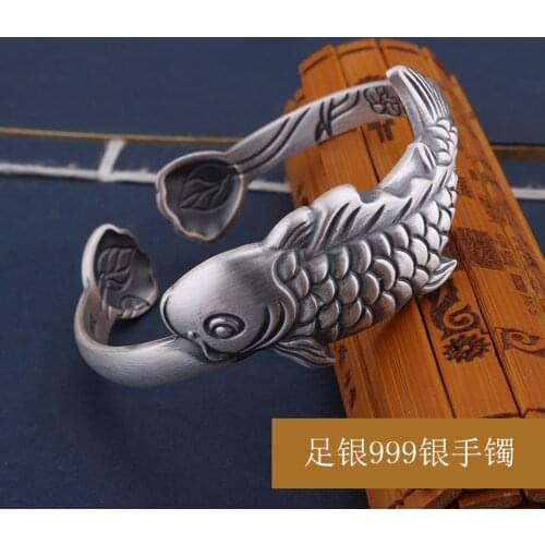 999 new sterling silver silver bracelet female lotus fish retro ethnic wind bracelet opening adjustable