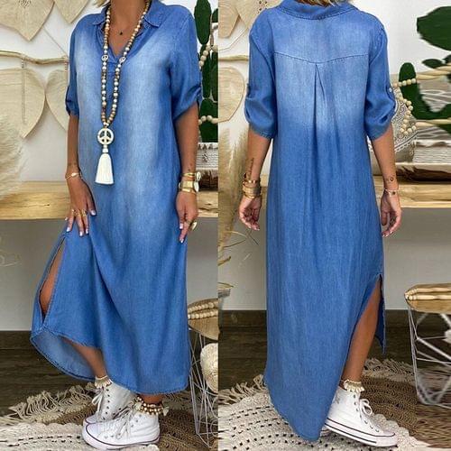 Women summer denim dressLmitation Cowboy Short Sleeve long dress Fashion V-Neck Ankle Length Dress robe longue femme