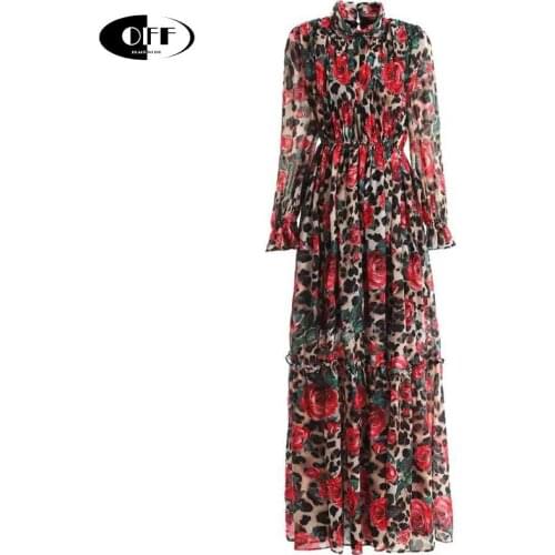 Runway Long Sleeve Maxi Dresses Womens Elegant Party Rose Floral Leopard Print Holiday Long Sleeve Plus Size Long Dress Vestido