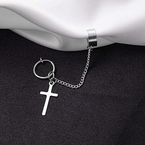 1PCS Non Pierced Long Chain Tassel Star Cross Star Earrings Minimalist Punk Stainless Steel Jewelry Ear Cartilage Earring