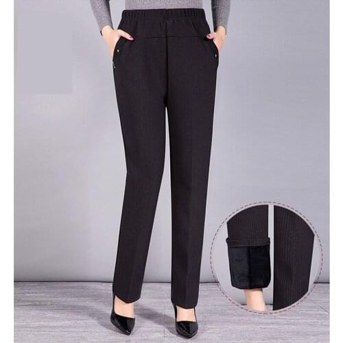 Large Size 2019 Winter Women Grid Pants Warm Plus Velvet Pants Elastic High Waist Straight Pants Grandma Trousers 5XL W1692