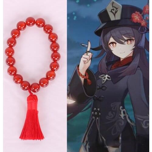 Game Genshin Impact Hu Tao Bracelet with Red Agate Beads Tassels Bangle Hu Tao Cosplay Props 2 Sizes