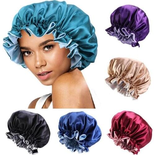 Women Elastic Satin Lace Solid Color Night Sleep Hat Chemotherapy Hair Care Cap Hair Styling Care Hair Care Bonnet Nightcap