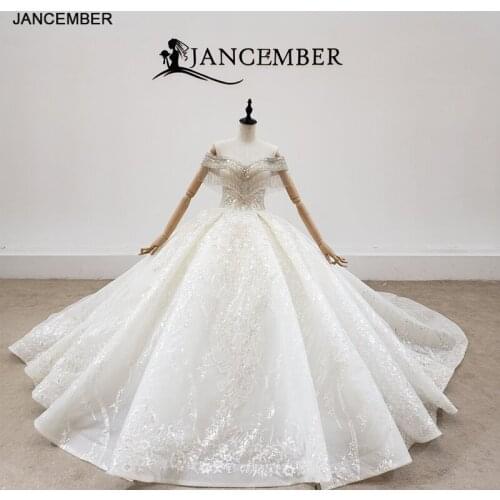 HTL2034 Ball-Gown Beaded Crystal Luxury Tassel Sequined Wedding Dress 2020 Short Sleeve V-Neck Lace Up Back