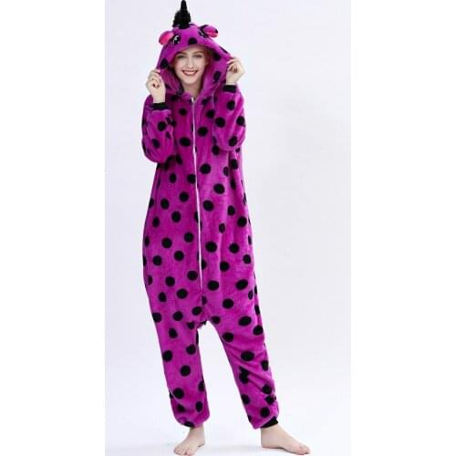 Purple Dot Unicorn Kigurumi Onesie Adult Women Animal Pajamas Flannel Costumes Sleepwear Onepiece Winter Jumpsuit Pijama Cosplay