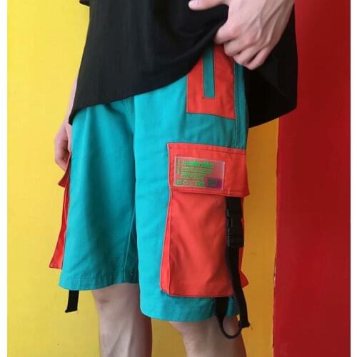 Summer Japanese color matching functional wind overalls mens shorts loose straight street fashion personality five-point pants