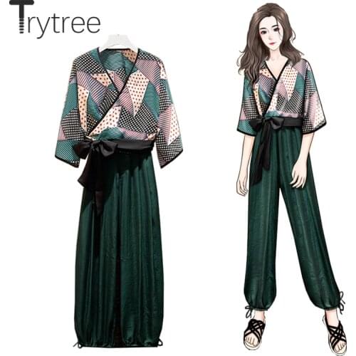 Trytree 2021 Summer Women Two Piece Set Casual Bow Geometric Short Shirt + Wide Leg Pants Elastic Waist Office Lady 2 Piece Set