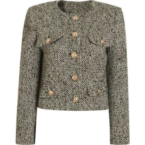 French style small fragrance tweed short jacket women single breasted slim o-neck outwear