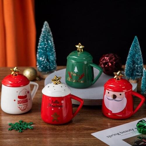 Creative Ceramic Christmas Cup Fashion Colored Glaze Cup With Cover And Spoon Porcelain Cup Coffee Cup Office Cup Can Be Customi