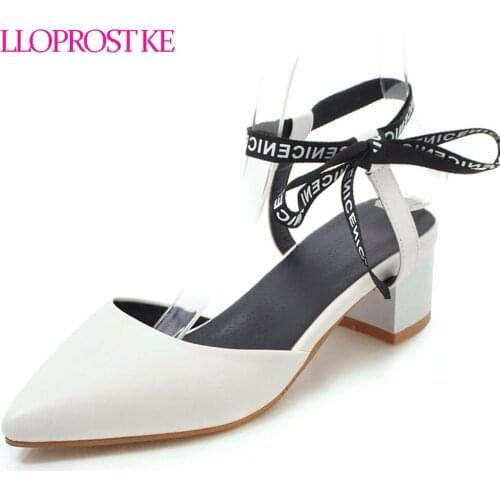 Lloprost ke Basic Women Sandals Med Heels Summer White Black Women Ankle Straps Solid Lace up Pointed Toe Sandals Size 32-46 H50