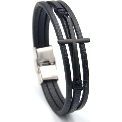Junwei Fashion Mens Bracelet Black Cross Stainless Steel Magnetic Buckle Leather Bracelet Gifts for Men