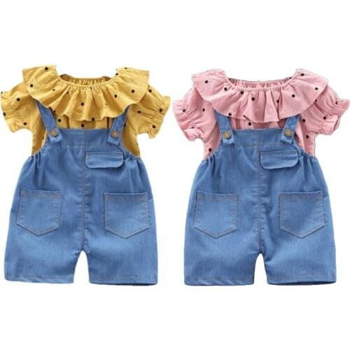 Girls Baby Clothing Summer Baby Set Sweet Cute Short Sleeve + Denim Suspenders Pants Two-Piece Suit 1-4 Children Clothing Sets